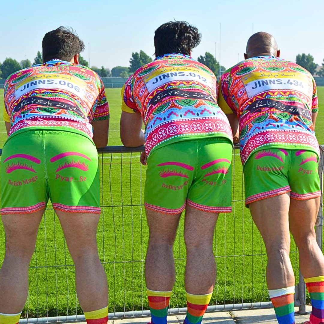 BOOMFA Truck Art Series — Pakistani chamak-patti panels, number plates, and truck slogans on match-day rugby kits.